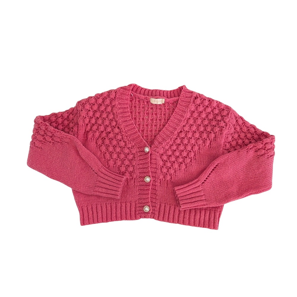 Altar'd State Pink Cropped Popcorn Knit Cardigan Faux Pearl Buttons Small